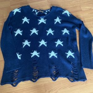 The Lassi. Knitted sweater top navy blue with white stars